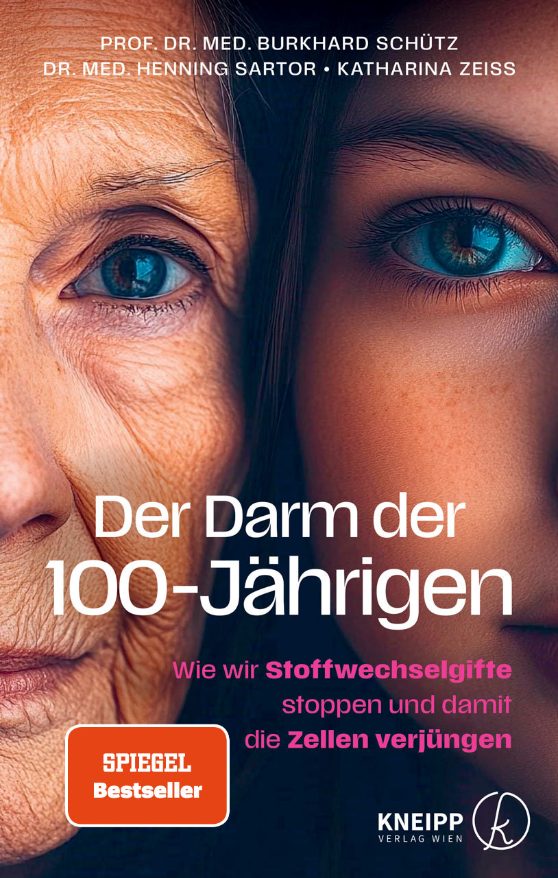 Cover des Buches "Der Darm der 100-jährigen. Wie wir Stoffwechselgifte stoppen und damit die Zellen verjüngen" von Burkhard Schütz, Henning Sartor und Katharina Zeiss mit Spiegel Bestseller Button
