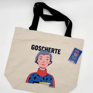 Foto der Stofftasche mit Illustration von Christine Nöstlinger und der Überschrift "Goscherte"