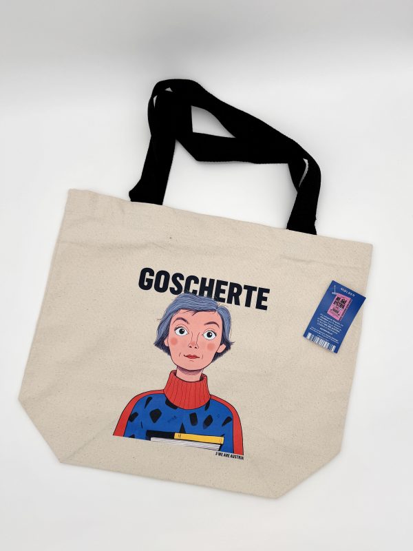 Foto der Stofftasche mit Illustration von Christine Nöstlinger und der Überschrift "Goscherte"